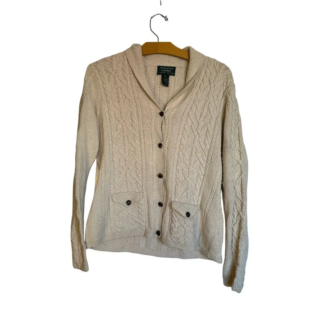 Vintage Lauren Ralph Lauren Cable Knit Cardigan Sweater Horse Brass Buttons M
